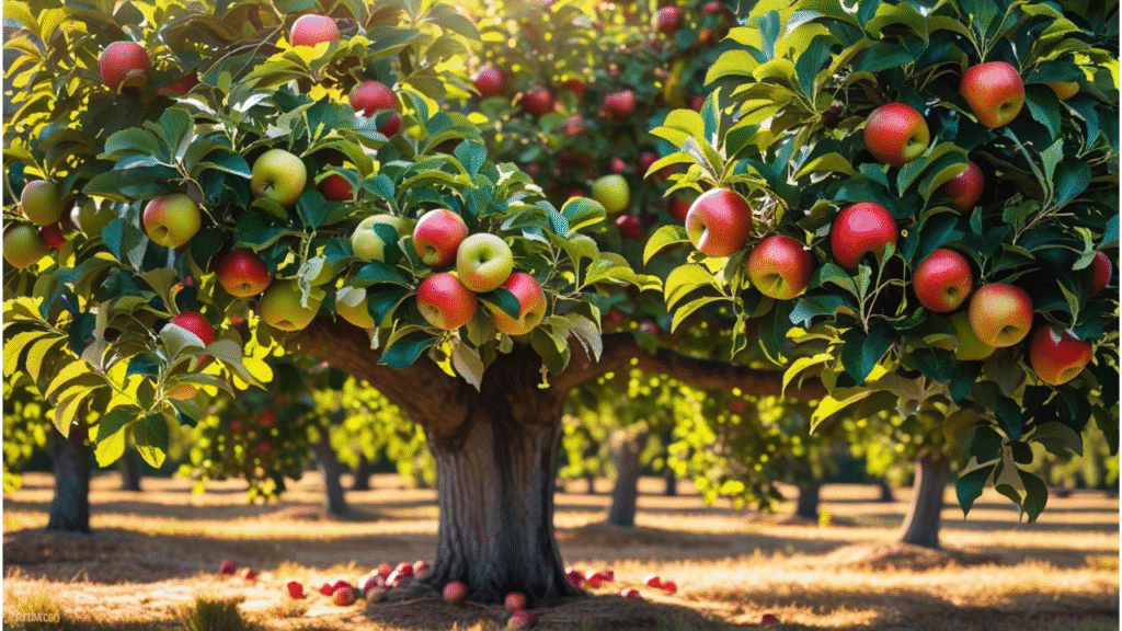 "A healthy apple tree with vibrant green leaves and ripe apples, symbolizing successful growth and care."