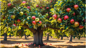 "A healthy apple tree with vibrant green leaves and ripe apples, symbolizing successful growth and care."