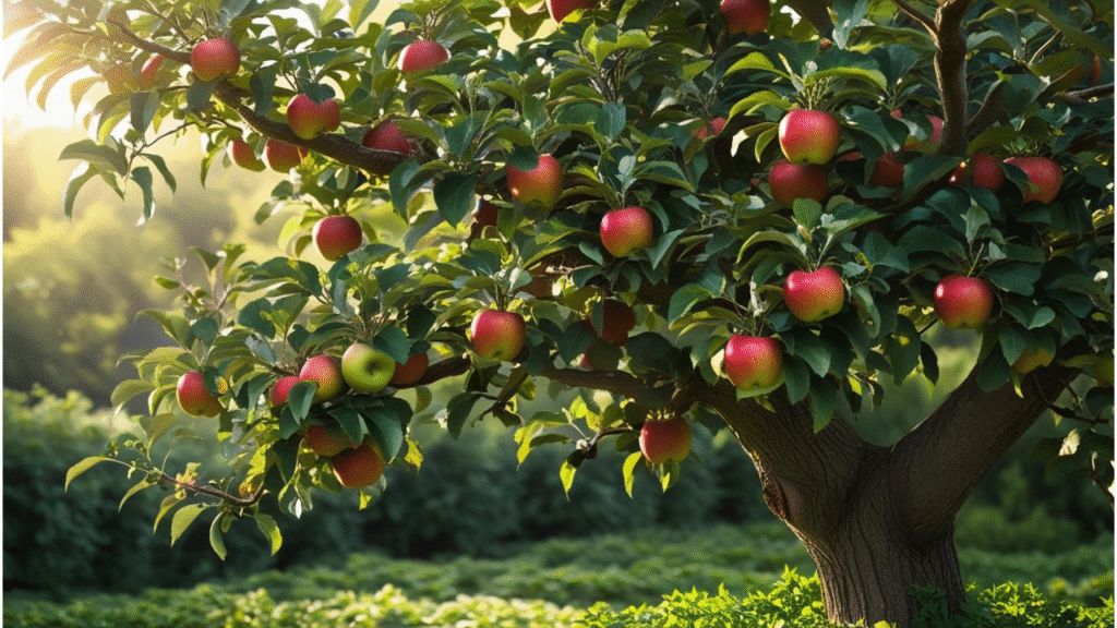 "Healthy apple tree in full bloom with ripe apples, symbolizing successful growth and care."