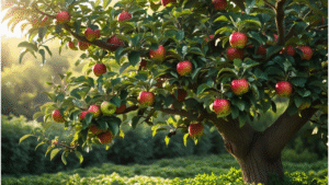 "Healthy apple tree in full bloom with ripe apples, symbolizing successful growth and care."
