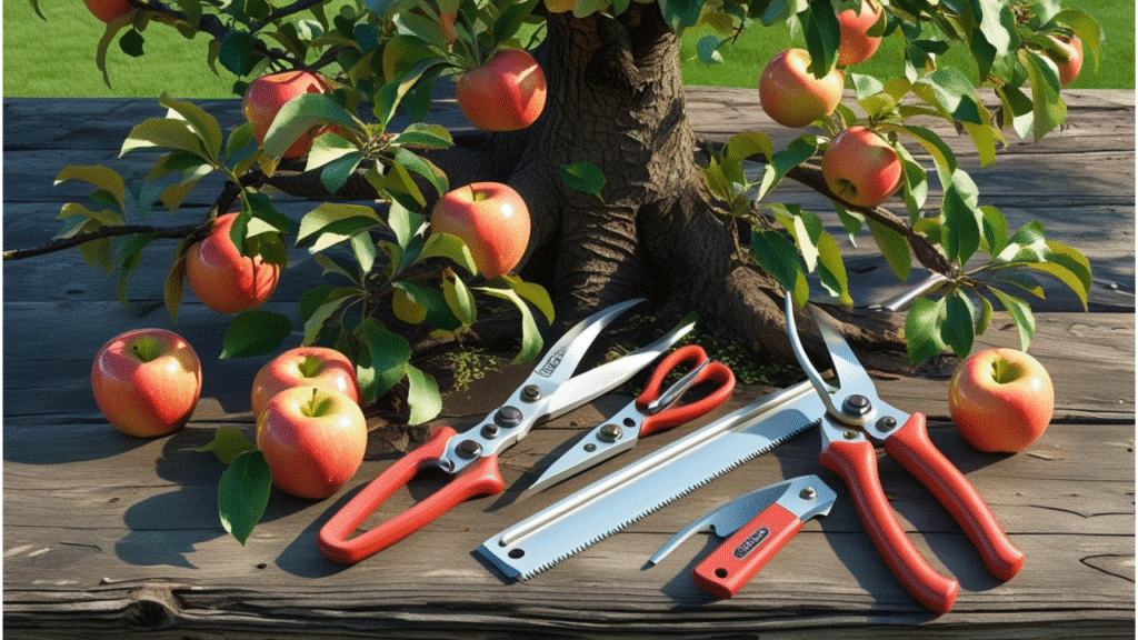 "Neatly pruned apple tree surrounded by essential pruning tools like shears, loppers, and a pruning saw."