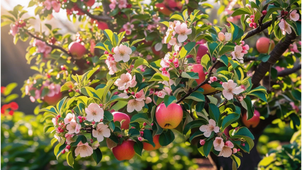 "Blooming flowering apple tree with vibrant blossoms in pink, white, and red hues in a sunny garden."