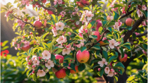 "Blooming flowering apple tree with vibrant blossoms in pink, white, and red hues in a sunny garden."