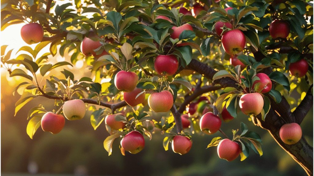 "A vibrant McIntosh apple tree, with ripe apples hanging from branches, bathed in sunlight, symbolizing a fruitful harvest."