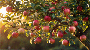 "A vibrant McIntosh apple tree, with ripe apples hanging from branches, bathed in sunlight, symbolizing a fruitful harvest."