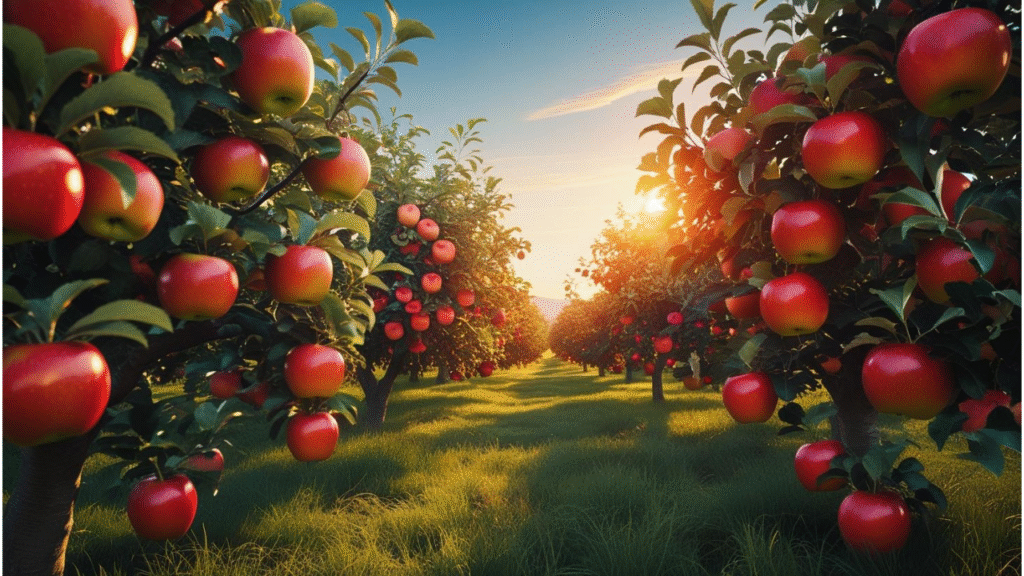 "Thriving paradise apple orchard full of ripe red apples under warm sunlight, showcasing healthy trees and lush growth."