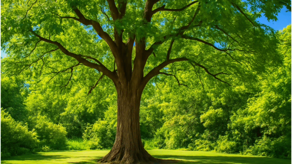 "Mature hickory tree standing tall in a sunlit garden, showcasing the growth from seed to majestic tree."