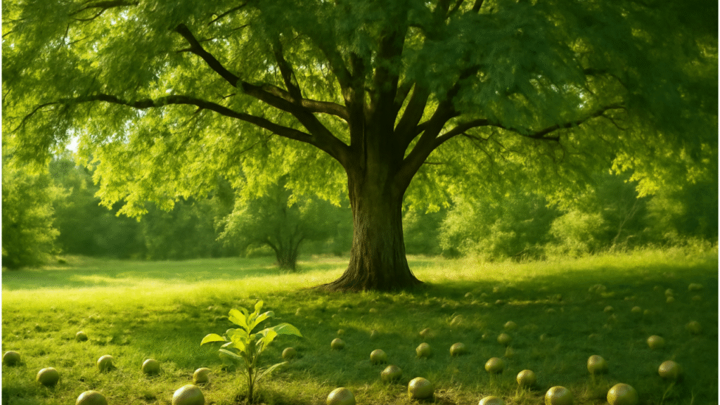 “A vibrant landscape featuring a mature hickory tree, fallen hickory nuts, and a young sapling, showcasing the growth cycle from nut to tree.”