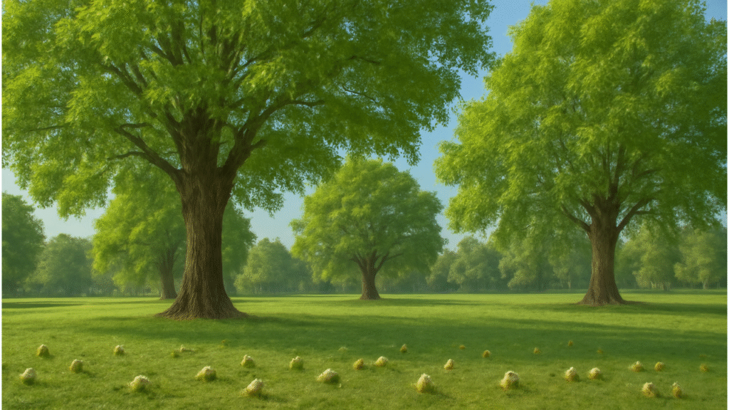 "A beautiful landscape with mature hickory trees, highlighting marketable trees and scattered hickory nuts."