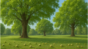 "A beautiful landscape with mature hickory trees, highlighting marketable trees and scattered hickory nuts."