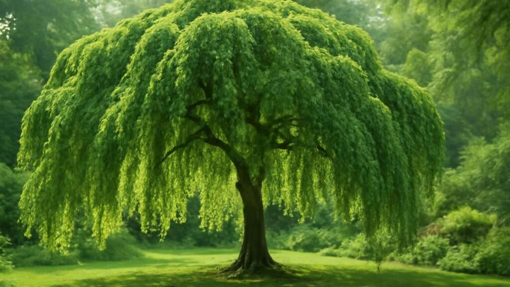 A lush, green willow tree stands prominently in a sunlit field. Its cascading branches create a serene, tranquil atmosphere, surrounded by dense greenery.