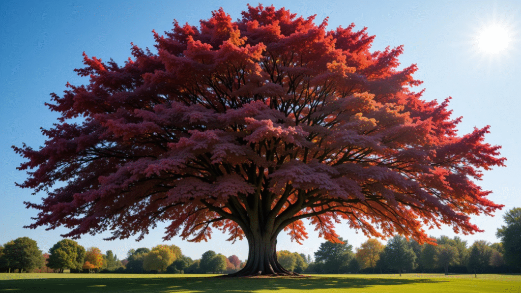 Raywood Ash tree with vibrant fall foliage in a scenic landscape