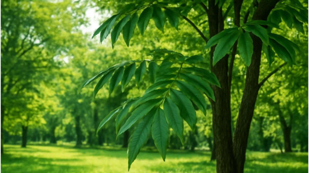 "Scenic forest view with a hickory tree, showcasing its distinctive serrated leaves and serene natural surroundings."