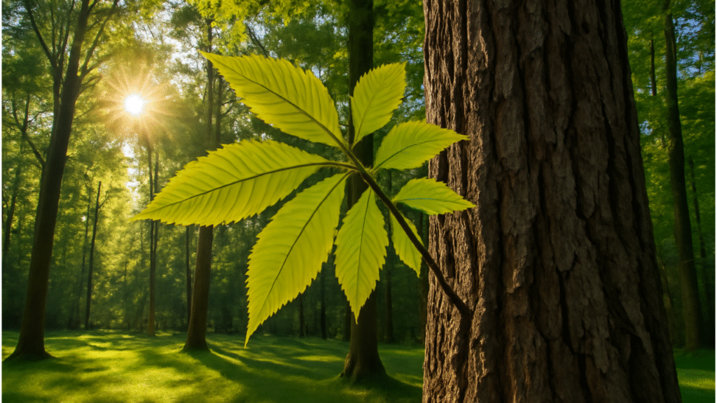"Michigan woodland with hickory trees, showcasing their serrated leaves and rough bark."