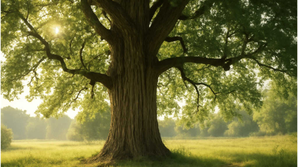 "Old hickory tree with shaggy bark and wide canopy in a peaceful landscape."