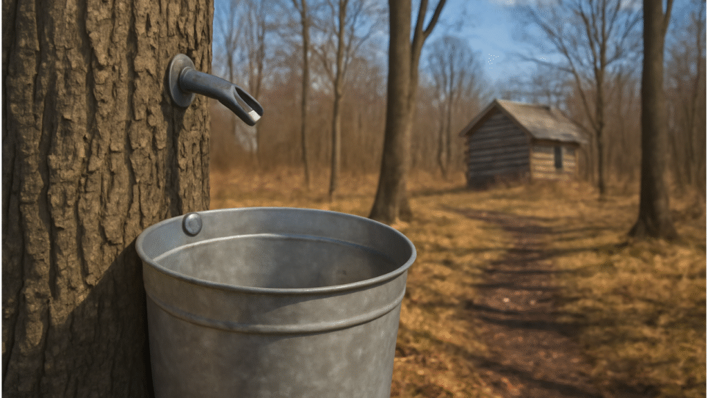 Tapping hickory tree for syrup in a winter forest with sap dripping into a collection bucket."