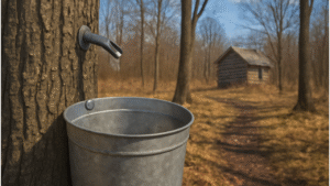 Tapping hickory tree for syrup in a winter forest with sap dripping into a collection bucket."