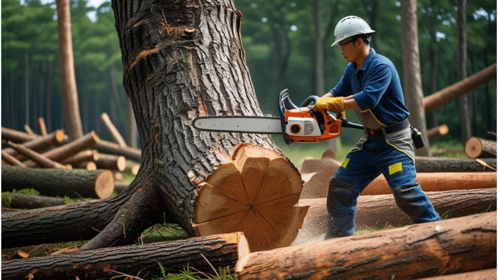 "Person cutting down a hickory tree with a chainsaw in a forest."