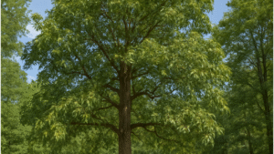 "Hickory tree with branches full of nuts in a forest setting."