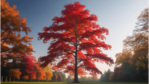 "Liquidambar Slender Silhouette Sweetgum Tree with vibrant fall foliage in a garden."