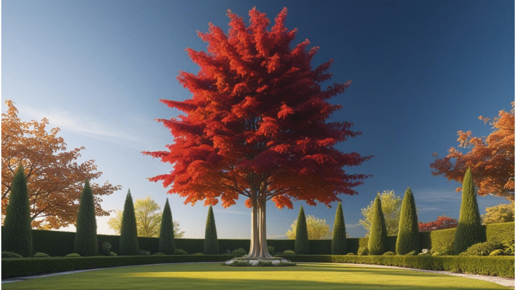 Columnar sweetgum tree in a small garden, showcasing vibrant fall colors and a slender, upright shape.