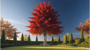 Columnar sweetgum tree in a small garden, showcasing vibrant fall colors and a slender, upright shape.
