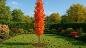 Sweetgum tree shedding spiky seed balls onto a well-maintained garden lawn, creating a mess of seed pods.