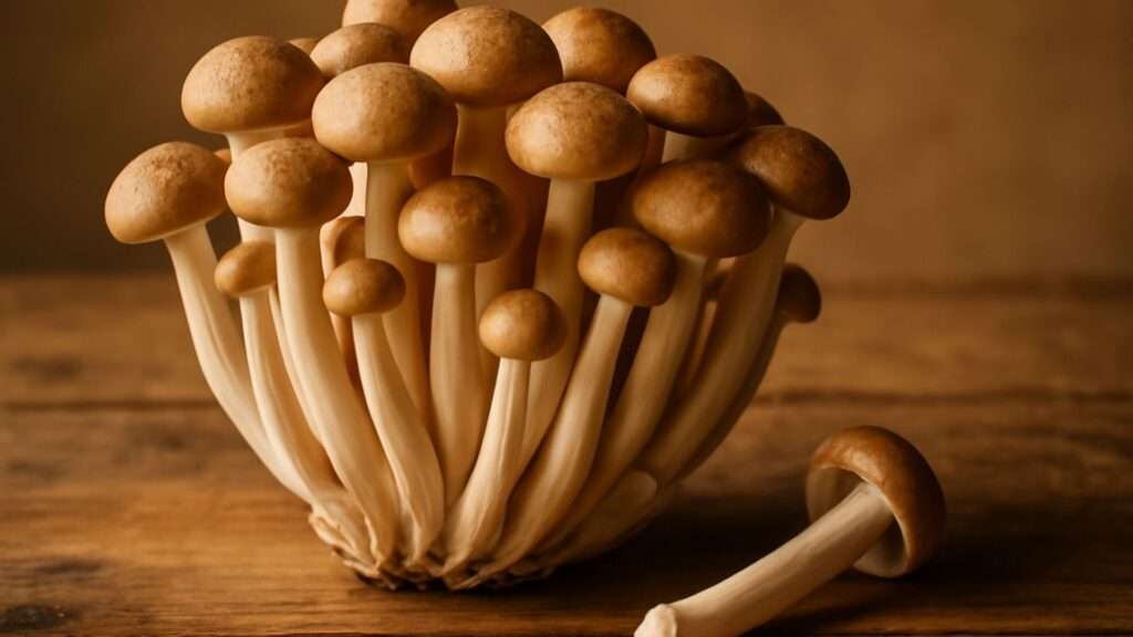 Cluster of brown beech mushrooms with elongated stems sits on a wooden surface, radiating a rustic and earthy ambiance. One mushroom lies beside the cluster.