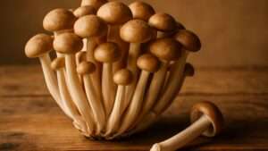 Cluster of brown beech mushrooms with elongated stems sits on a wooden surface, radiating a rustic and earthy ambiance. One mushroom lies beside the cluster.