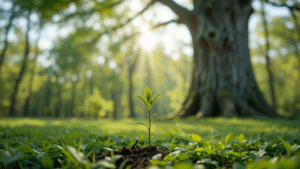 "White ash tree seedling growing with a mature white ash tree in the background in a green garden."