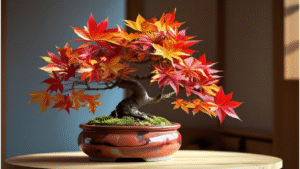 A thriving American Sweetgum Bonsai with star-shaped leaves and vibrant autumn colors, displayed in a decorative pot in an indoor setting.