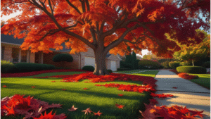 Autumn scene with a sweetgum tree and fallen star-shaped leaves, surrounded by spiky gum balls on the lawn, driveway, and walkway.