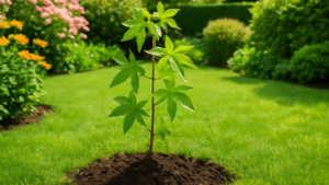 Healthy sweetgum sapling freshly planted in a sunny garden, with vibrant green star-shaped leaves and a neatly manicured lawn.