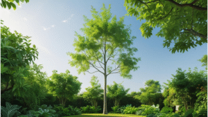 "Slender Silhouette Sweetgum tree thriving in a vibrant garden, with green leaves and slender branches."