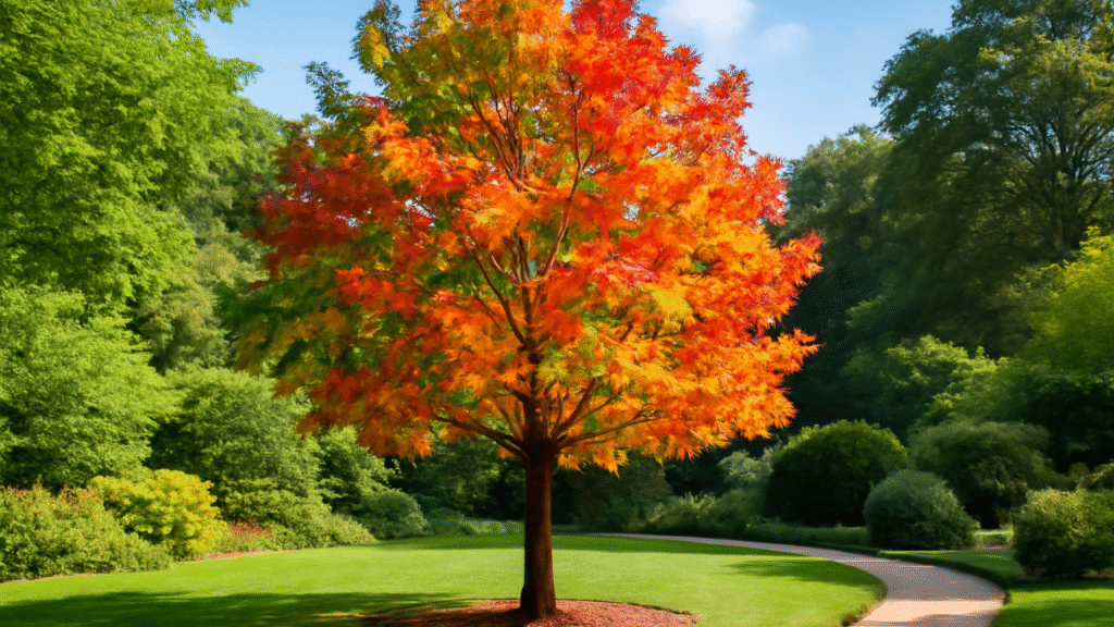 "Chinese Sweetgum tree with vibrant autumn colors in a peaceful garden."