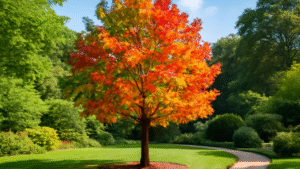 "Chinese Sweetgum tree with vibrant autumn colors in a peaceful garden."