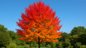 "Cherokee Sweetgum Tree with vibrant fall foliage in red, orange, and yellow in a beautiful garden."