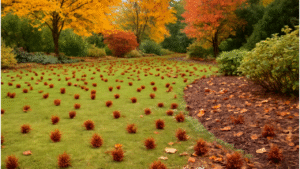 "Garden with sweetgum pods scattered across the lawn, typical autumn scene with vibrant leaves."