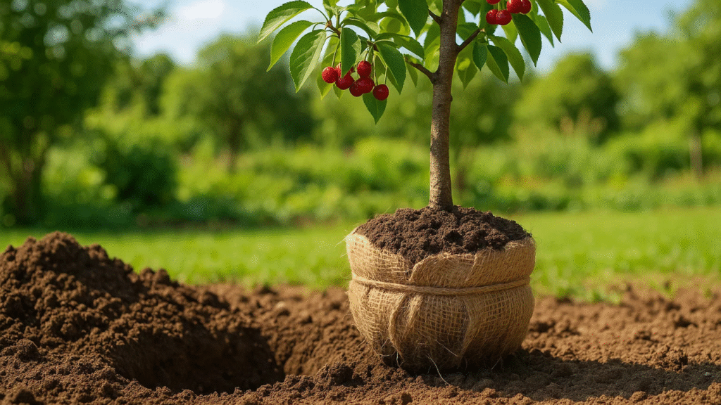 A young cherry tree in a burlap sack with soil, ready to be planted outdoors in a green, sunny environment.
