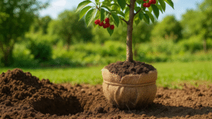 A young cherry tree in a burlap sack with soil, ready to be planted outdoors in a green, sunny environment.