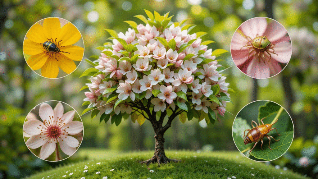 Close-ups of various insects on flowers surround a blooming tree in a garden.