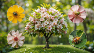 Close-ups of various insects on flowers surround a blooming tree in a garden.