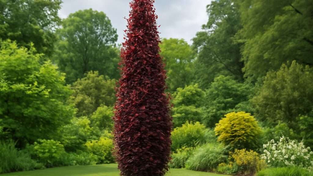 Tall, cone-shaped tree with deep red leaves stands amidst a lush garden of vibrant greens and yellows, conveying a serene and vibrant natural scene.