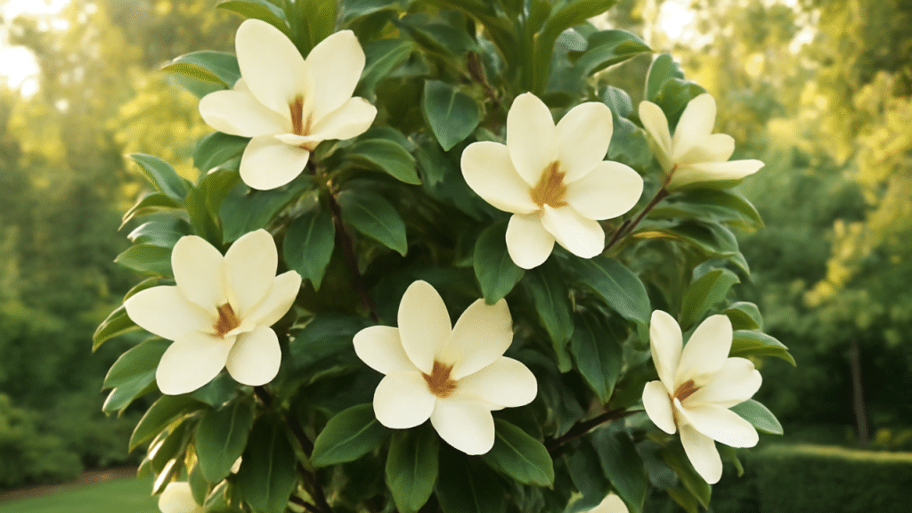 "Teddy Bear Magnolia Tree in full bloom with creamy-white flowers and glossy green leaves in a beautiful garden."