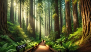 A serene path through towering redwoods, dappled sunlight filters through trees, inviting exploration in lush greenery.