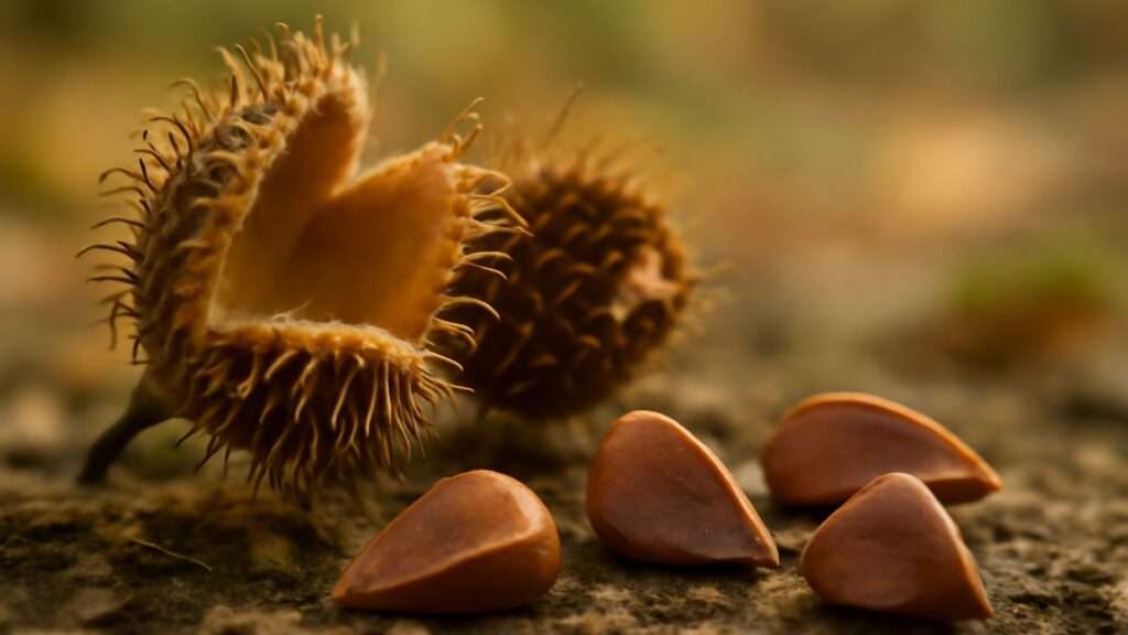 Close-up of two spiky beech nut husks on a forest floor, with five smooth brown beech nuts scattered in front. Warm, earthy tones convey an autumnal feel.