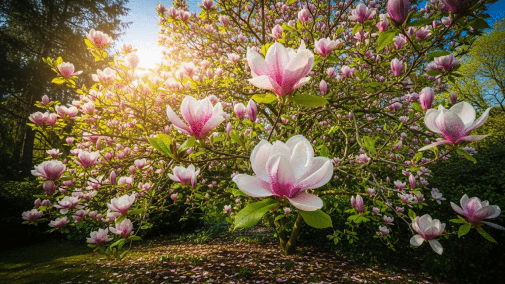 "Magnolia tree in full bloom with pink and white flowers in a sunny garden setting"