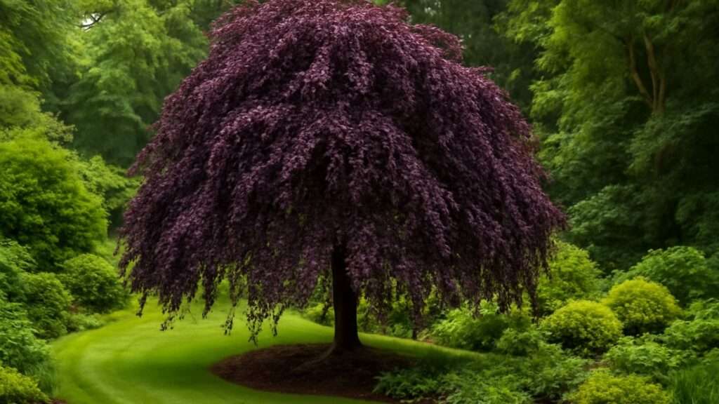 A majestic tree with deep purple foliage stands in a lush green park, surrounded by vibrant shrubs, creating a serene and enchanting scene.