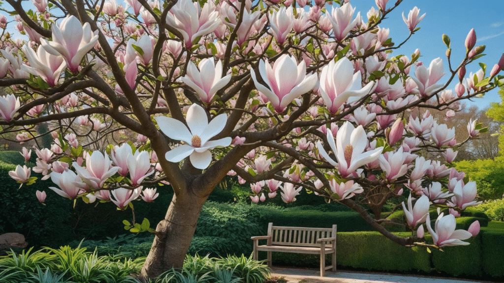 "Butterfly magnolia tree in full bloom with white and pink flowers in a beautiful garden."