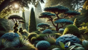 Lush garden scene with various topiary trees and shrubs, bathed in soft sunlight, creating a serene and enchanting atmosphere.